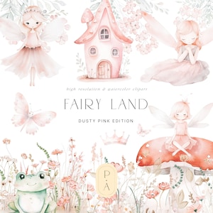 Fard à joues et rose clipart de fée - clipart fée magique - aquarelle de fée - champignons - fée florale pour les enfants - beau clipart