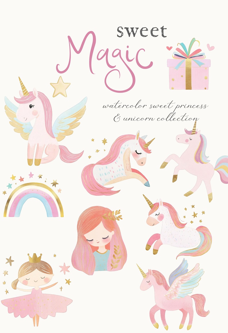 Lindo unicornio pastel y princesa Clipart - Clipart de fantasía - Clipart para niños - Clipart de guardería - Unicornios rosados - Licencia de venta ilimitada imagen 3