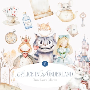 Collezione di clipart di Alice nel paese delle meraviglie con acquerello - Clipart di storie classiche - Fantasy Nursery Alice nel paese delle meraviglie
