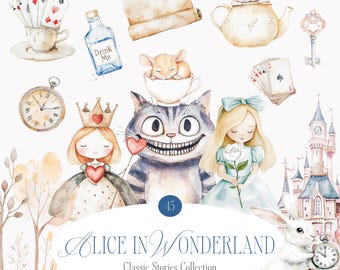 Watercolor Cute Alice in Wonderland Clipart Collection - Classic Story Clipart - Fantasy Nursery Alice in Wonderland