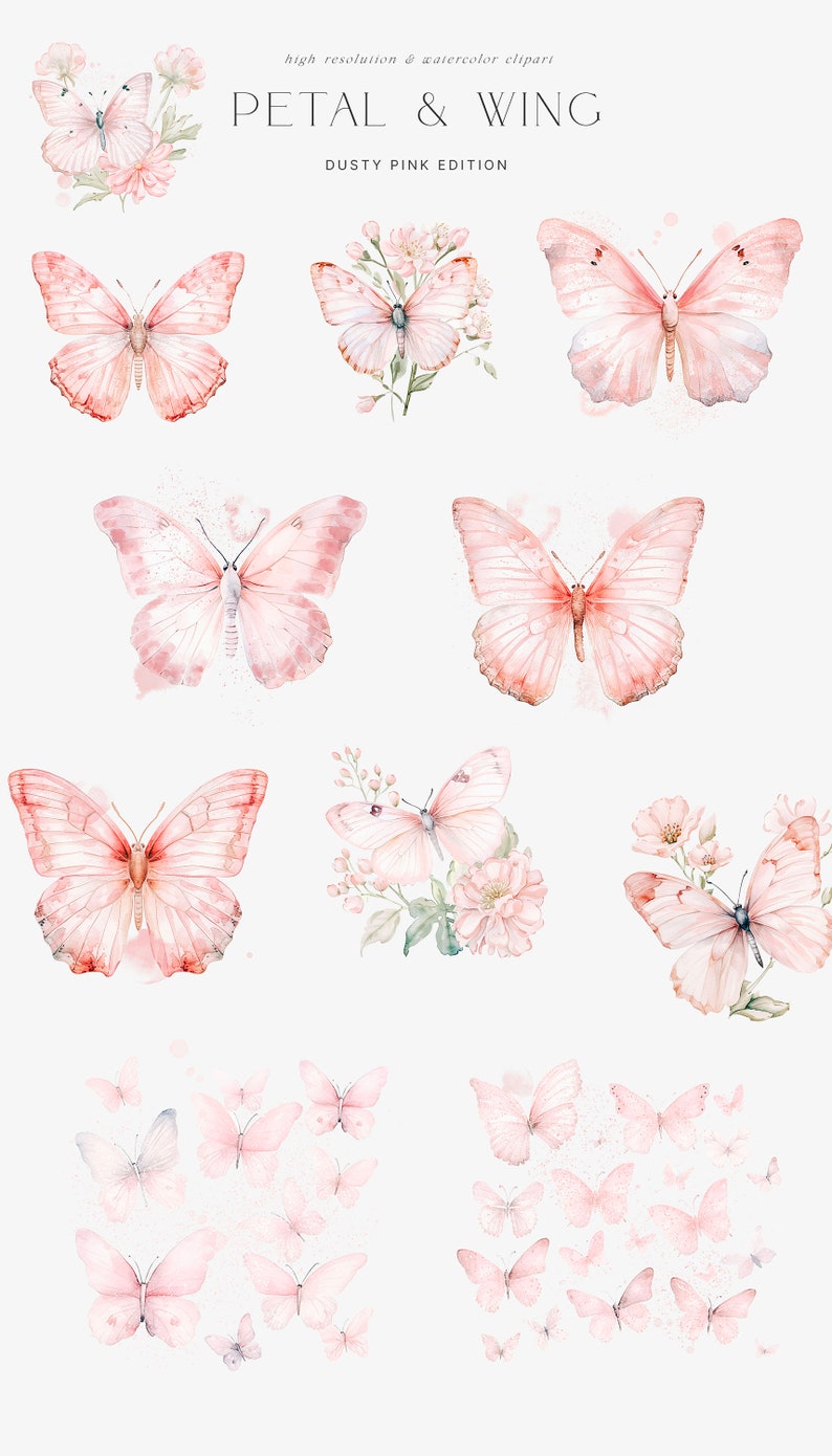 Watercolor Dusty Rose Butterflies Clipart - Stickers Clipart ...
