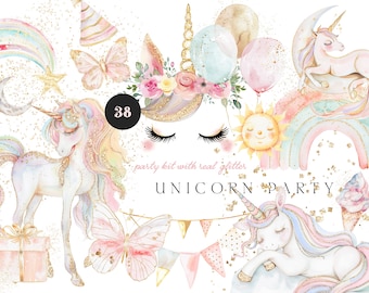 Unicorn Party Clipart - Pastel Unicorns - Watercolor Unicorn Collection - Party Invitation Clipart