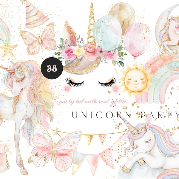 Clipart fête licorne - licornes pastel - collection aquarelle licorne - clipart faire-part fête