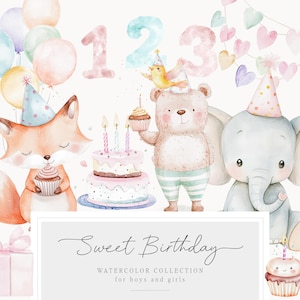 Coleção de clipart fofo de aniversário em aquarela com animais fofos em aquarela - Kit de aquarela para festa de aniversário - Convites DIY