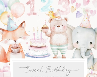 Può includere: Illustrazione ad acquerello di una volpe, un orso e un elefante che festeggiano un compleanno. Gli animali tengono cupcake e una torta di compleanno con candele. L'illustrazione include i numeri 1, 2 e 3, e il testo "Sweet Birthday Watercolor Collection for boys and girls".