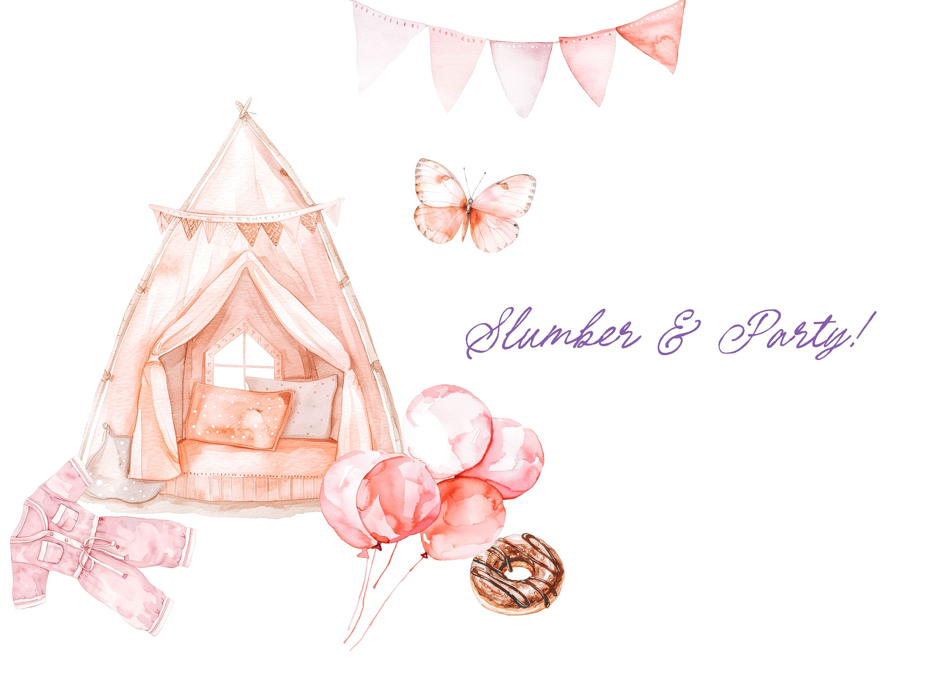 Slumber Party Clipart Set - Pajama Party Clipart - Watercolor Party ...