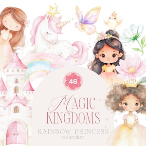 Linda princesa y unicornio - Clipart de guardería en acuarela - Clipart para niños - Rosa - Castillo - Clipart del reino - Magia - Licencia de venta ilimitada
