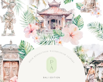 Conjunto de imágenes prediseñadas de Bali de acuarela - Estética balinesa - Arquitectura - Conjunto de imágenes prediseñadas de flores tropicales - Paisajes de Bali - Licencia extendida ilimitada