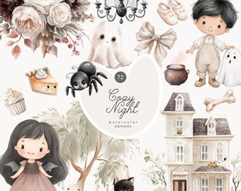 Cute Watercolor Neutral Halloween Clipart For Kids - Kid Halloween - Cozy Clipart - Cozy Fall - Autumn Clipart