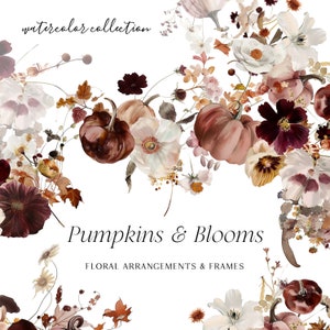 Pompoenen en bloemenboeketten Clipart - pompoen Clipart - aquarelboeketten - aquarel herfst - bloemenlijsten - onbeperkte verkooplicentie