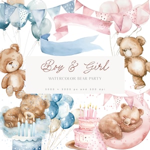 Boy & Girl Bear Clipart - Cute Teddy Bears - Acquerello Bears - Boy Clipart - Girl Clipart - Party Clipart - Bears - Licenza di vendita illimitata