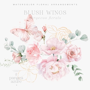 Akwarela Kwiaty Rumieniec Z Motylami - Rumieniec Peonie - Dusty Pink Flowers Clipart - Dusty Rose - Blush Florals - Pink Butterfly