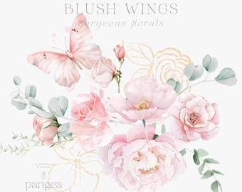 Watercolor Blush Flowers With Butterflies - Blush Peonies - Dusty Pink Flowers Clipart - Dusty Rose - Blush Florals - Pink Butterfly