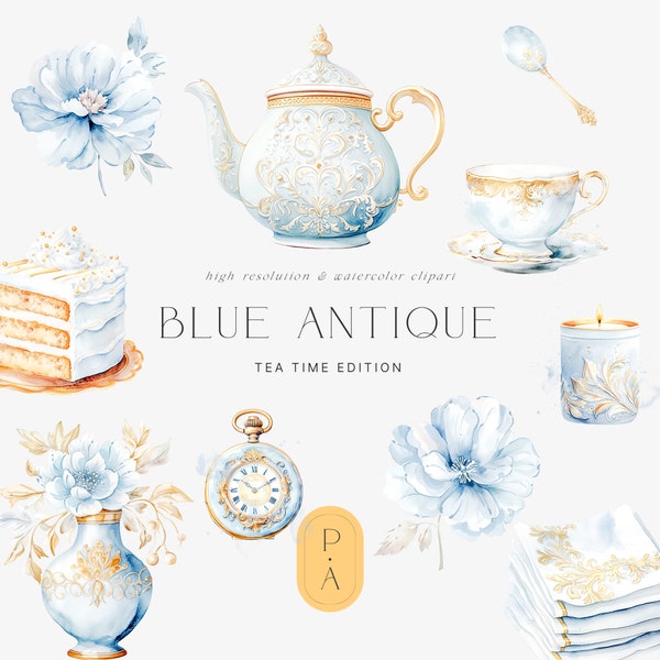 Dusty Blue Tea Party Clipart Set - Dusty blue Tea Pot - Blue Tea Party - Antique Tea Time