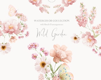 May include: Watercolor illustration featuring a collection of wild florals and arrangements. The design includes pink and white flowers, butterflies, and the text "Wild Garden". The number "16" is in a circle.