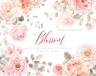 Akvarell Blush och Rosa Blommor Clipart - Akvarell Clipart - Akvarell Blush Blommor - Blush Blommor Clipart - Bröllop - Arrangemang