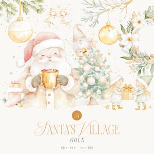 Gold & Elfenbein Weihnachtsmann Dorf Clipart - Niedliche Weihnachts Clipart - Kinderzimmer Clipart - Winter für Kinder - Gold - Weiß - Unlimitierte Verkaufslizenz