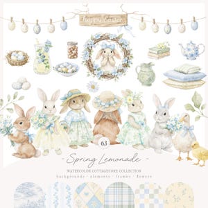 May include: Watercolor illustration featuring Easter-themed elements. Includes bunnies in dresses, a wreath, eggs, and a sign that says "happy Easter". The text "Spring Lemonade" is also present, along with other decorative elements.