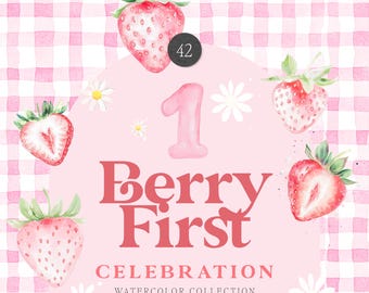 Watercolor Berry First Clipart Collection - Watercolor Strawberry Collection Clipart - Watercolor Kids Party Collection - Berry Clipart