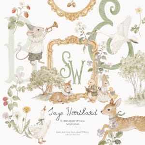 Puede incluir: Un conjunto de ilustraciones en acuarela que presenta un ratón con una trompeta, un cisne, un ciervo, conejos y un pato. La colección incluye marcos dorados ornamentados, letras verdes y elementos florales con el texto Sage Woodland.