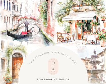 Watercolor Italian Clipart Set - Italian Aesthetic - Italian Sceneries - Architecture Clipart - Scrapbooking - Unlimited Extended License