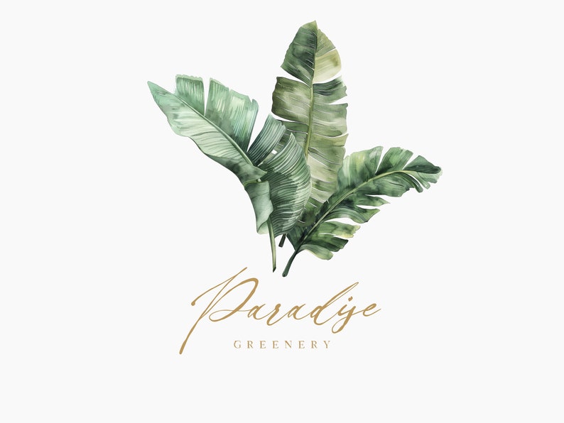 May include: Watercolor illustration of green banana leaves with the text "Paradise Greenery" in gold script.