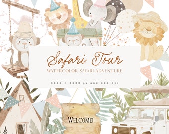 Cute Safari Animals Clipart - Watercolor Safari - Safari Tour Clipart - Festive Safari - Party Clipart - Animals - Unlimited Sales License