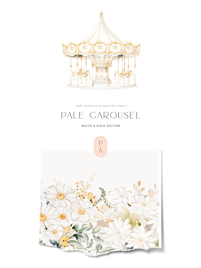 Carousel Clipart - Pony Clipart - Gold and White Carousel - Watercolor ...