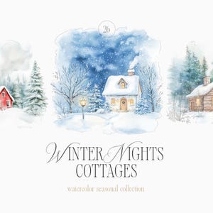 Coleção de clipart de casas de campo de noites de inverno em aquarela - Coleção de cenários de inverno - Natal - Luzes do norte