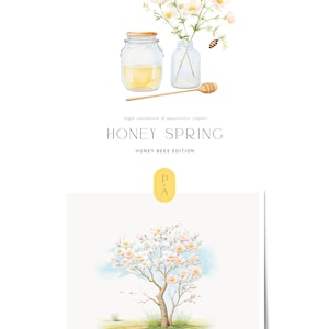 May include: Watercolor illustration of a honey jar and a bouquet of white flowers with a bee. The text "HONEY SPRING" and "HONEY BEES EDITION" is below the image. A separate image shows a watercolor illustration of a white flowering tree.
