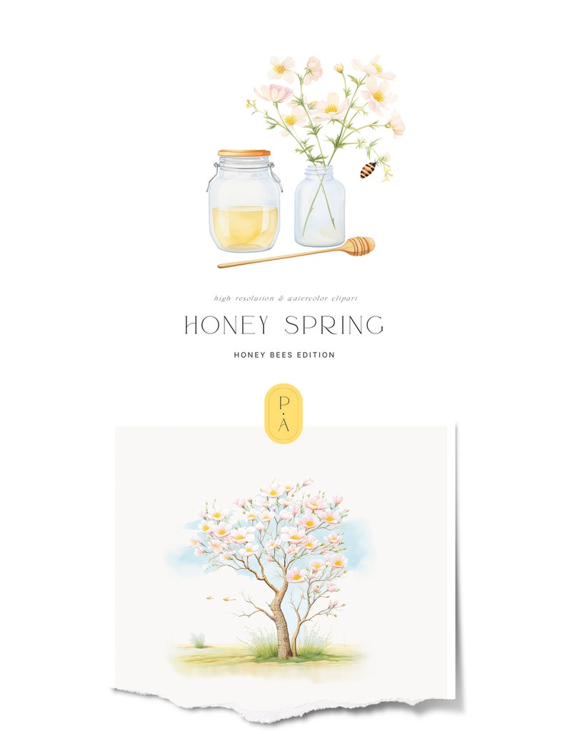May include: Watercolor illustration of a honey jar and a bouquet of white flowers with a bee. The text "HONEY SPRING" and "HONEY BEES EDITION" is below the image. A separate image shows a watercolor illustration of a white flowering tree.