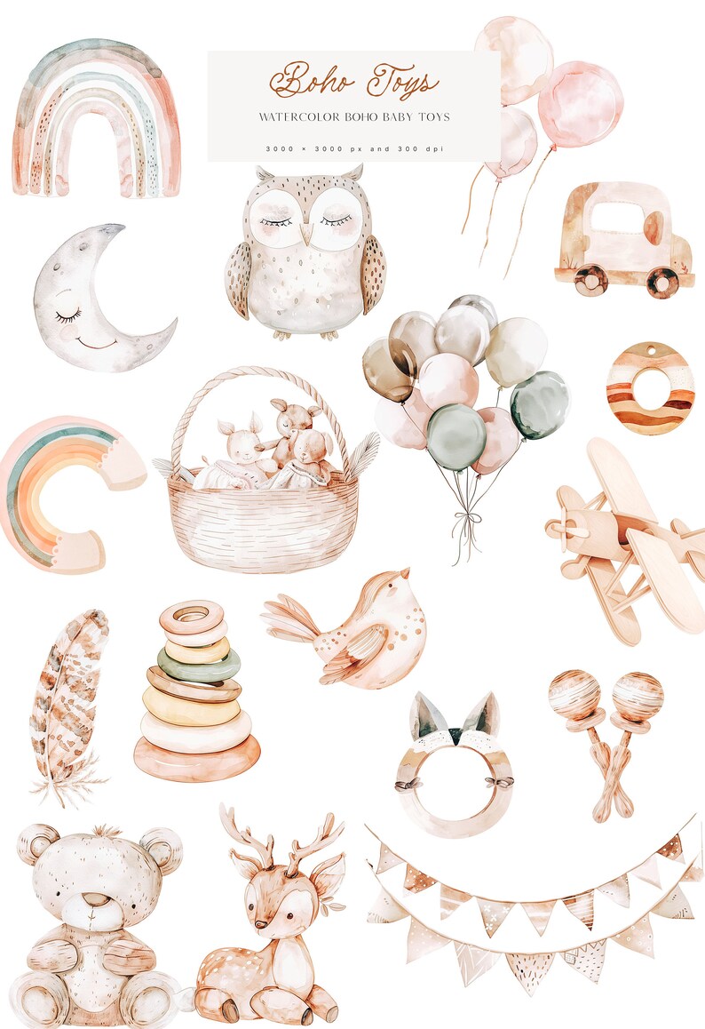 Boho Baby Toys Clipart - Neutral Baby Shower Clipart - Boho Baby ...