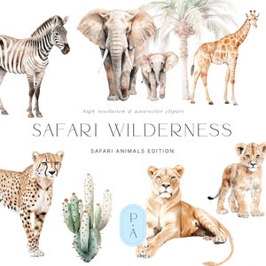 Safari Animales Clipart - Acuarela Safari Animales - Acuarela Animales Tropicales - Scrapbooking - Pegatinas Digitales - Licencia de Venta Ilimitada