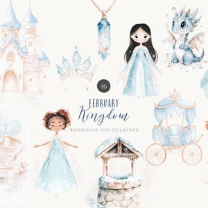 May include: A watercolor illustration set featuring a winter wonderland theme. The set includes a castle, a carriage, a well, a dragon, a crown, a princess, a prince, and a staircase. The illustrations are in shades of blue, white, and pink.