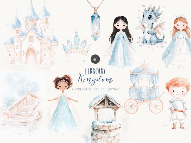 May include: A watercolor illustration set featuring a winter wonderland theme. The set includes a castle, a carriage, a well, a dragon, a crown, a princess, a prince, and a staircase. The illustrations are in shades of blue, white, and pink.