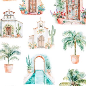 May include: Watercolor illustrations of Mexican architecture and plants. The illustrations include a white church with a bell tower, a doorway with a colorful wooden door, a palm tree, a cactus, a fountain with flowers, and a swimming pool.