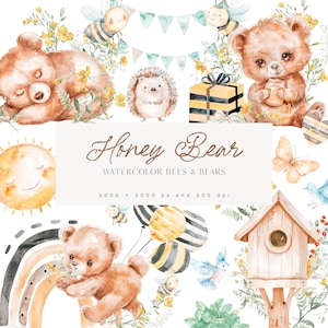 Süße Honigbären Clipart - Bären Clipart - Teddybären - süße Biene - Aquarell Honigbär Clipart - Clipart für Kinder - unbegrenzte Verkaufslizenz