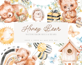 Cute Honey Bear Clipart - Bear Clipart - Teddy Bears - Cute bee - Watercolor Honey Bear Clipart - Clipart For Kids - Unlimited Sales Licence
