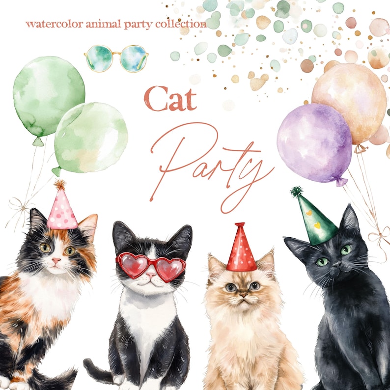 May include: Watercolor illustration featuring four cats, each adorned with party hats and accessories, set against a backdrop of balloons and confetti. The image includes the text "Cat Party" and "watercolor animal party collection".