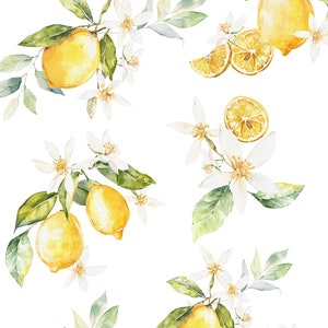 May include: Watercolor illustration of lemon blossoms and lemons. The illustration features branches with green leaves, white flowers, and yellow lemons. The text "Lemon Blossom Watercolor Floral Collection" is at the top of the image.