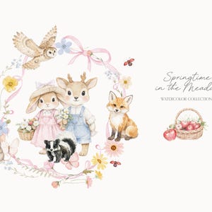 以下が含まれることがあります： 水彩イラスト。フクロウ、ウサギ、シカ、キツネ、ネズミ、スカンクなどの森の動物が描かれています。「Springtime in the Meadow」の文字と花のリースが特徴です。リンゴのバスケットも描かれています。