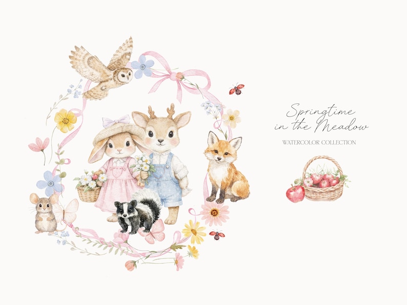 以下が含まれることがあります： 水彩イラスト。フクロウ、ウサギ、シカ、キツネ、ネズミ、スカンクなどの森の動物が描かれています。「Springtime in the Meadow」の文字と花のリースが特徴です。リンゴのバスケットも描かれています。