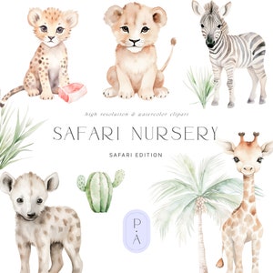 Clipart de animais de safári de berçário _ Aquarela Cute Baby Animal Clipart - Safari Animals - Girafa - Elefante - Leão - Licença de vendas ilimitada