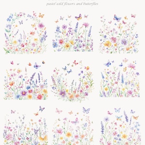 May include: Nine watercolour illustrations of pastel wildflower gardens with butterflies. Each illustration features a different arrangement of flowers and butterflies in shades of pink, purple, yellow, and blue.