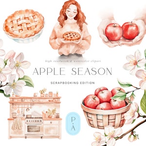 Clipart aquarela de maçã - Clipart de torta de maçã - Flor de maçã - Pomar de maçã - Clipart aquarela - Licença de vendas ilimitada