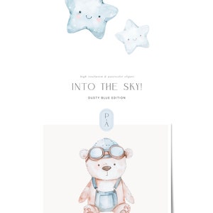 Bears & Airplane Watercolor Clipart - Airplane Clipart - Bear Pilot - Brown Bear Clipart - Nursery - Dusty Blue - Unlimited Sales License image 5