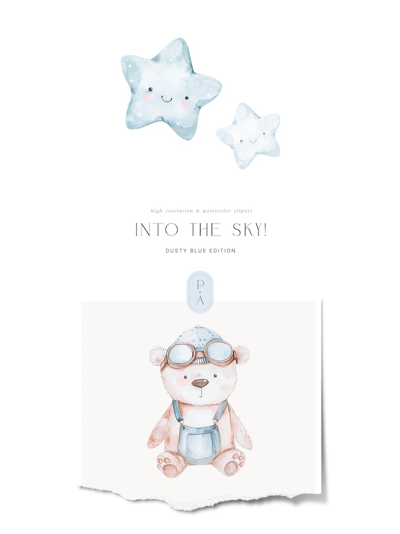 Bears & Airplane Watercolor Clipart - Airplane Clipart - Bear Pilot - Brown Bear Clipart - Nursery - Dusty Blue - Unlimited Sales License image 5