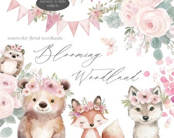 Watercolor Floral Woodland Collection - Watercolor Woodlands - Woodland Clipart - Cute Woodland Animals - Florals - Unlimited Sales License