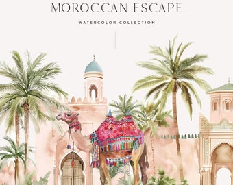 Moroccan Aesthetic Clipart - Moroccan Interior Watercolor - Watercolor Morocco Clipart - Camel - Inner Garden