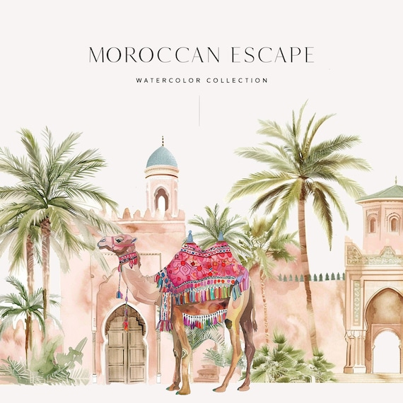 Moroccan Aesthetic Clipart - Moroccan Interior Watercolor - Watercolor Morocco Clipart - Camel - Inner Garden